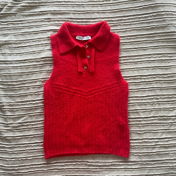 Fuzzy Red Collared Top with Crystal Buttons - Picture 1 of 4